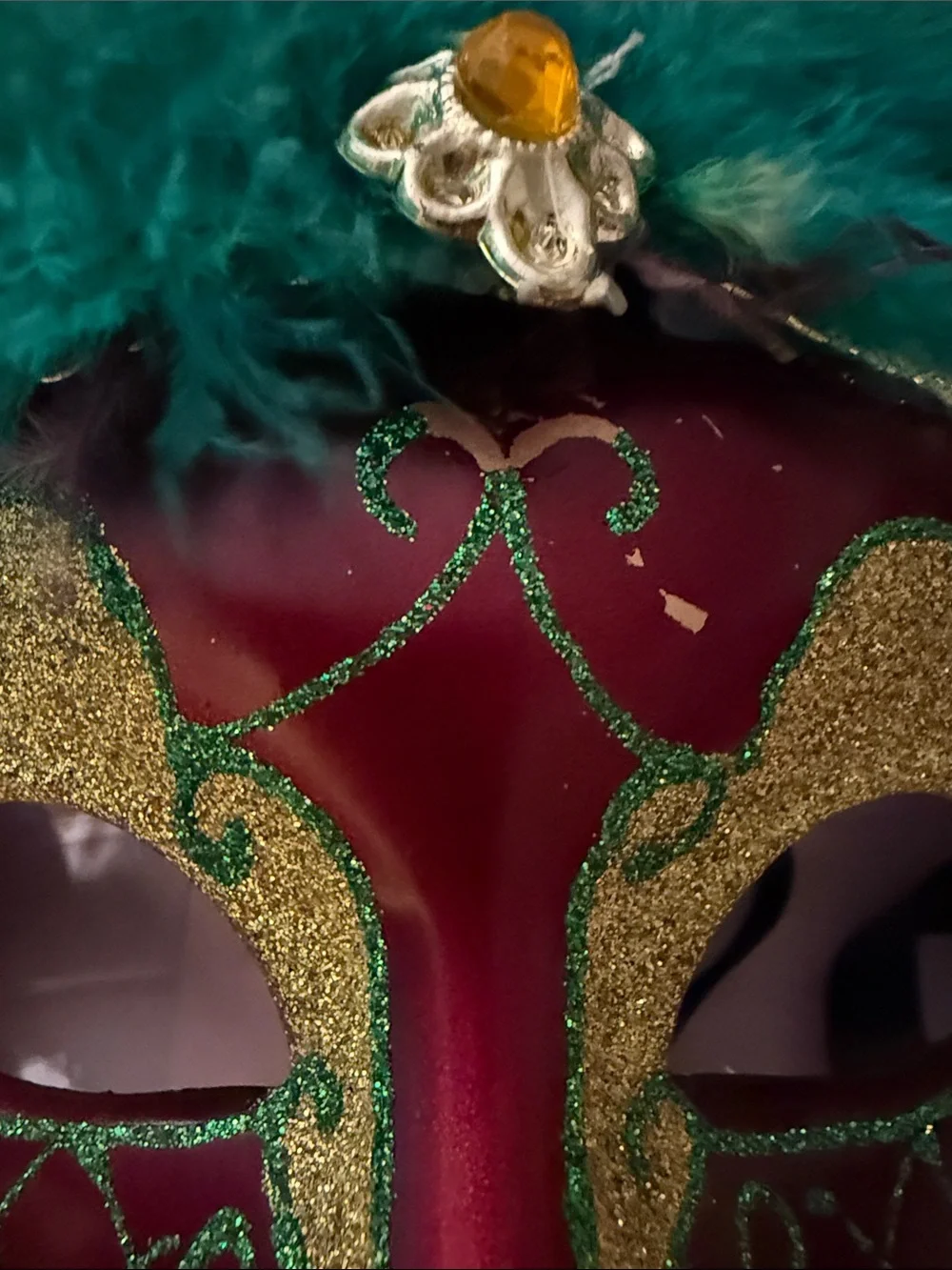 Feathered Venetian Style Masquerade Mask - Green & Purple
